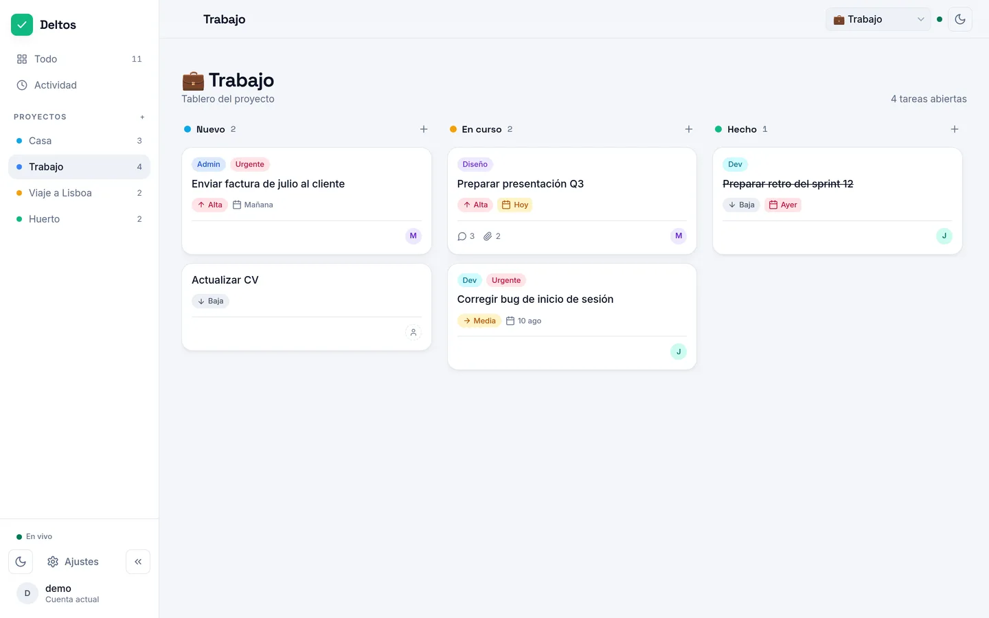 Tablero del proyecto Trabajo con la presentación del trimestre, una factura y un bug de inicio de sesión